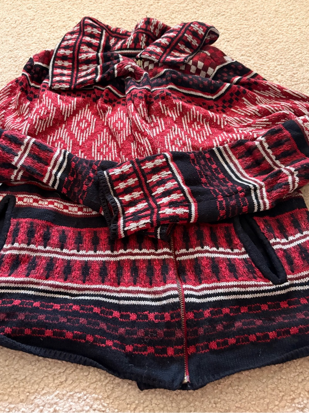 Lucky Brand Red, Black and Cream Knit Zip Sweater Hoodie